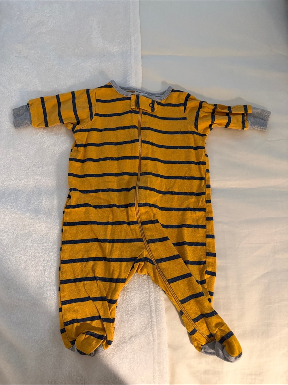 Gerber Striped Yellow and Navy Baby One-Piece Footed Zipper Romper